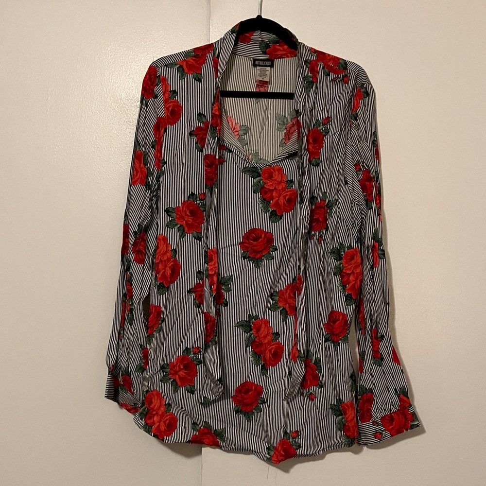 Retrolicious Stripes and Roses Bow Blouse